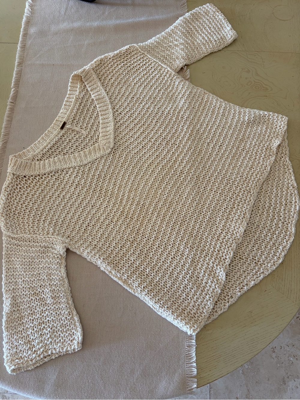 Free People Cream V-Neck Open Knit Sweater - Relaxed Fit Women’s Size Small